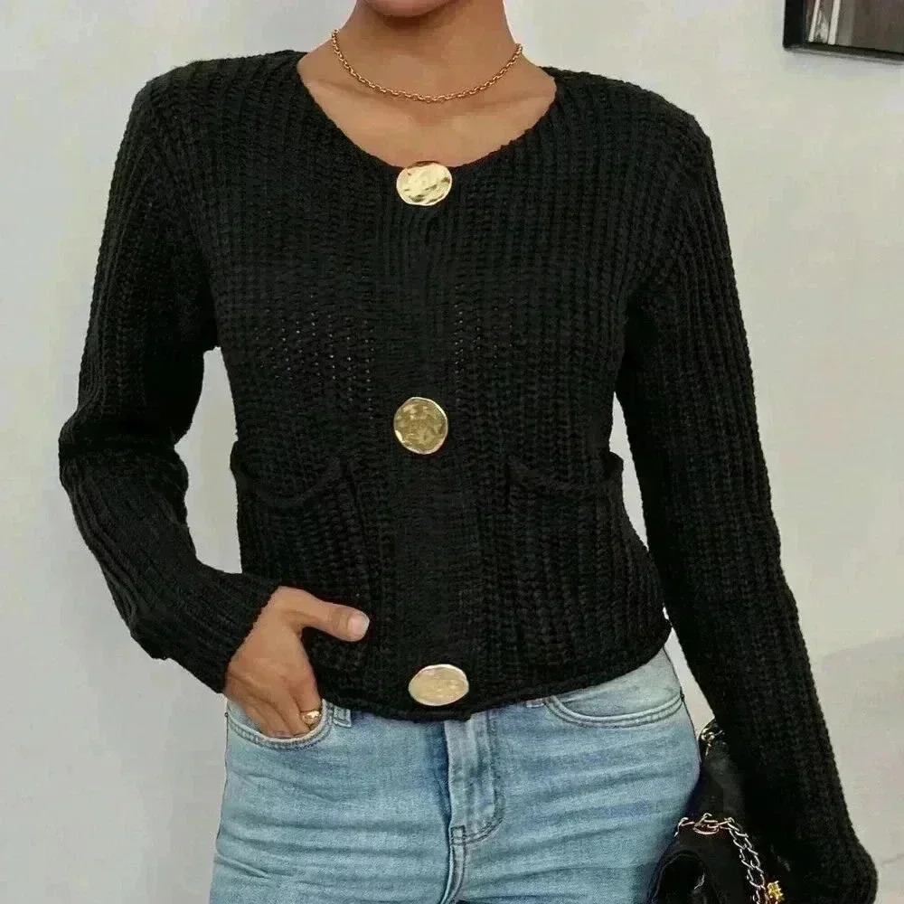 Black Casual Women's Crew Neck Front Button Up Long Sleeve Cardigan